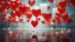 Bunch of red and white hearts floating in air with candles around them and blue background with white and red balloons.