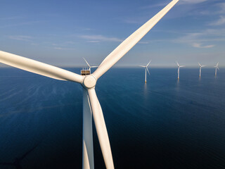 wind turbine from an aerial view, windmill farm in the lake ijsselmeer the biggest in the netherland