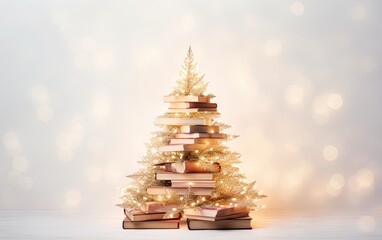 christmas tree made of books, with the holiday lights creating a warm and inviting background