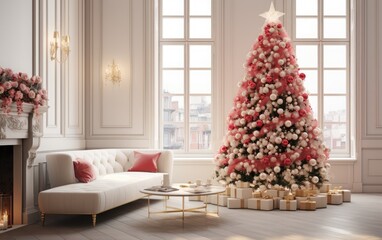 white and red modern living room with decorated christmas tree and sofa during holiday times