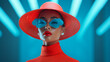 Portrait de femme rétro glamour aux lunettes de soleil et chapeau orange et bleu