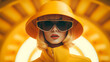 Portrait de femme mannequin blonde aux lunettes de soleil et chapeau jaune