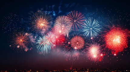 Wall Mural - magnificent fireworks in night sky over city skyline for new year
