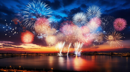 Wall Mural - firework explosions over river and city in evening for new year celebration