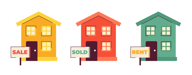 Poster - Real estate housing market 2D illustration concept set. Apartment rent, sale house, sold home isolated cartoon objects, white background. Residential metaphor abstract flat vector graphic collection