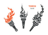 Fototapeta  - Torch silhouette icon Vector set. Flaming torch logo. Fire Flame sign.