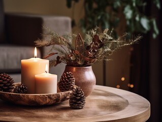 Wall Mural - Decorative winter arrangement with fir and candles in cozy home interior, stylish room decor for Christmas holiday season, afternoon daylight