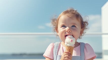 little girl eating a cone of ice cream on a sunny summer day