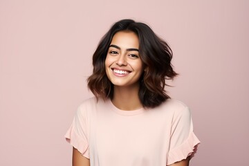 Wall Mural - Close-Up Portrait of a Happy Fictional Woman with Brown Hair Smiling. Isolated on a Plain Background. Generative AI.