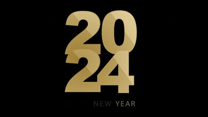 Poster - Animated Happy New Year 2024 Golden Letters text Isolated on Black Background. Holiday New Year Greeting Card Design Element. Shining Gold Greeting Text Animation. Golden Lettering Design Element.