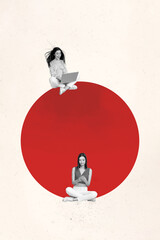 Poster - Creative artwork template collage of two friends colleagues girls communicate chat new message red circle magazine surrealism metaphor
