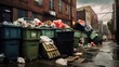 Urban Waste Symphony: Our images capture the reality of city living with overloaded dumpsters and black plastic bags near homes.