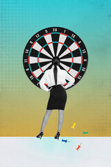 Poster - Composite collage image of funny female back view look big darts board target marketing trader leader magazine surrealism metaphor