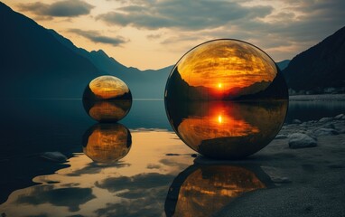 Wall Mural - Sunset over the sea with the mirror art.