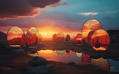 Wall Mural - Sunset over the sea with the mirror art.