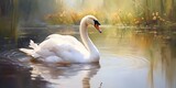 painting style illustration of white swan swimming in nature pond, Generative Ai
