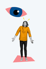 Leinwandbilder - Creative artwork poster collage banner of questioned man shrug shoulders amazed unknown spy eye