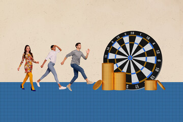 Poster - Collage 3d image of pinup pop retro sketch of funny people darts board target golden coins earning team magazine surrealism metaphor