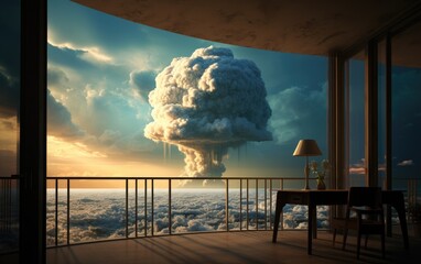 Wall Mural - The mushroom cloud explodes at the city view from the balcony.