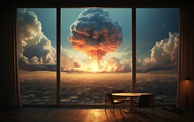 Wall Mural - The mushroom cloud explodes at the city view from the balcony.