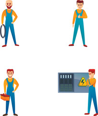 Poster - Electrician icons set cartoon vector. Switch board wiring maintenance job. Technician character, renovation work