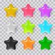 Colorful realistic 3d stars set. Vector glossy plastic design elements collection. Multicolored star shapes