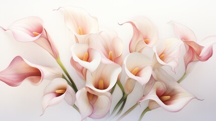  Elegant calla lilies in shades of cream and pink, captured in stunning detail on a white surface.