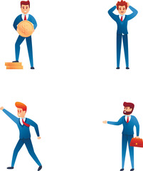 Poster - Office worker icons set cartoon vector. Man in suit holding briefcase and coin. Businessman, financial success