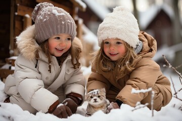 Adorable kids playing in snowy backyard building snowmen in winter gear, hygge concept