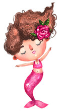 Иллюстрация без названияCute Pink Watercolor Mermaid Underwater Girl With Fish Tail, Floral Head Dress Wear Sparkling Character Nursery Adorable Kid Isolated On White Background