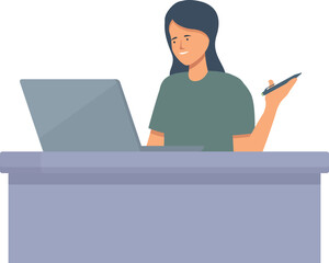 Poster - Woman office work icon cartoon vector. Digital laptop. Business space pose