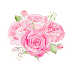 Wall Mural - Watercolor pink rose flowers bouquet for valentines day card or Dusty pink wedding bouquet vector