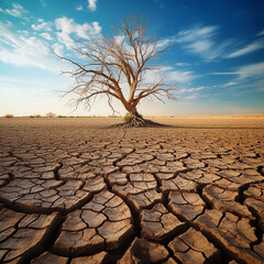 Wall Mural - Desert dry land, cloudy blue sky over dried out, cracked nature. Concept of water shortage, environmental problem, climate change. Population exodus due to famine