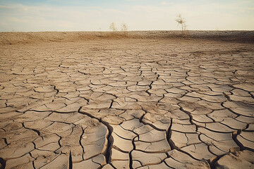 Wall Mural - Desert dry land, cloudy blue sky over dried out, cracked nature. Concept of water shortage, environmental problem, climate change. Population exodus due to famine