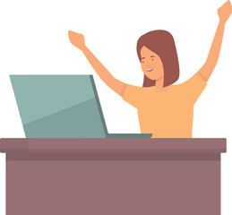 Poster - Happy girl laptop work icon cartoon vector. Business space. Desktop interior working
