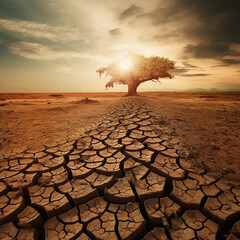 Wall Mural - Desert dry land, cloudy blue sky over dried out, cracked nature. Concept of water shortage, environmental problem, climate change. Population exodus due to famine