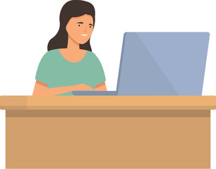 Poster - Smiling girl laptop work icon cartoon vector. Person home space. Office online working