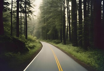 Poster - AI-generated illustration of a winding road through a green forest lined with tall trees