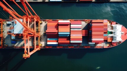 aerial view of Logistics and transportation of Container Cargo ship with working crane bridge in shipyard , logistic import export and transport industry background