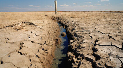 Wall Mural - Desert dry land, cloudy blue sky over dried out, cracked nature. Concept of water shortage, environmental problem, climate change. Population exodus due to famine