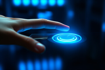 A electronic hand pressing tech button with glowing blue buttons and a holographic display