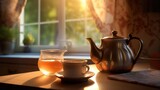 background morning tea drink kitchen illustration countryside mountain, landscape nature, relax fresh background morning tea drink kitchen