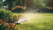 Close up automatic sprinklers system watering lawn