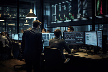 Wall Mural - Rear view of two businessmen at desk monitoring stock market looking at monitors analyzing prices flow at office.