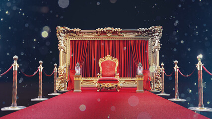 Wall Mural - 3D render of red carpet with gold barriers leading to a red king armchiar, vip concept