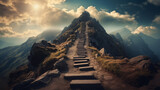 Fototapeta  - Vieil escalier de pierre gravissant une montagne