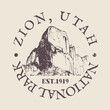 Zion, National Park, USA, Silhouette Postal Passport. Stamp Round Vector Icon. Design Travel Postmark. 