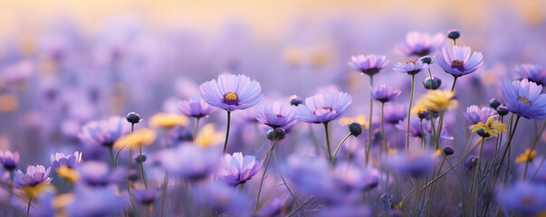purple wild flowers field and sunset sky background banner