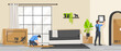© GN.STUDIO - Cartoon flat interior, worker moving furniture and installing sofa and tv in new house. Home relocating, apartment movement. Indoor property relocation. Vector illustration