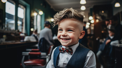 Happy hipster child boy in barbershop with fashion haircut, background barber shop